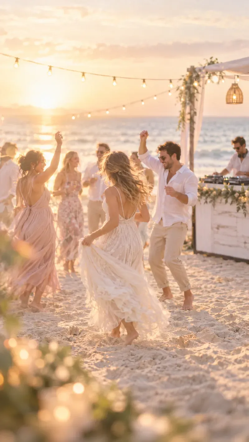9 /16 aspect ratio - beach wedding scene with DJ playing music and people dancing